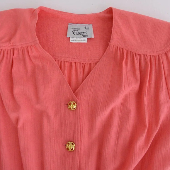 Vintage Cannes Collection Petite Coral Short Sleeve Gold  Button Midi Dress 9/10 - Picture 11 of 13